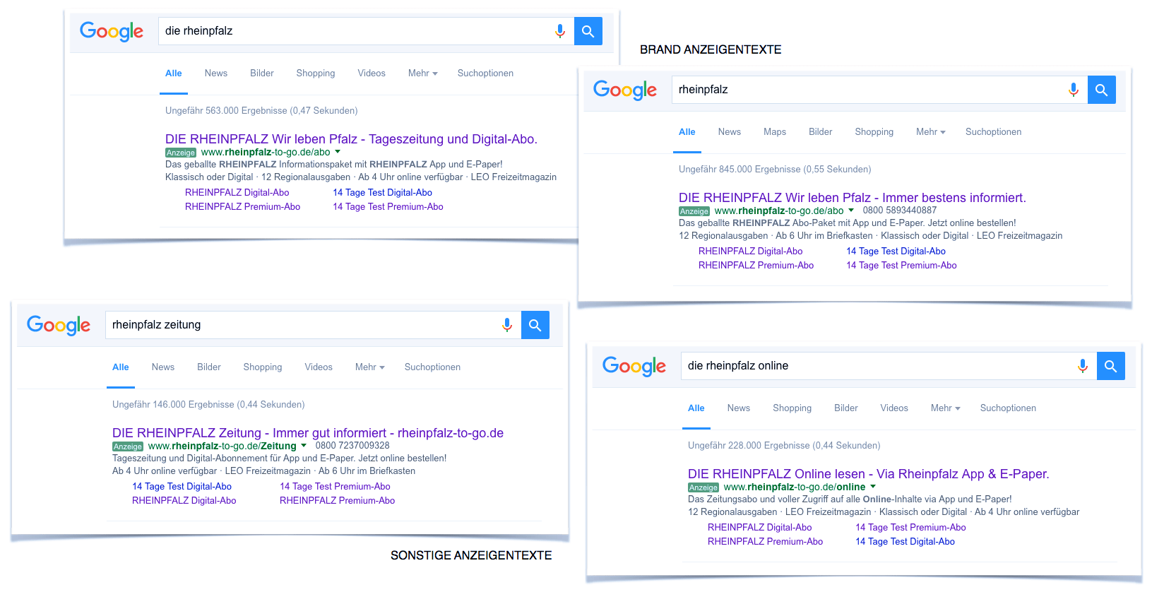 AdWords-Suchanzeige Variante B für RHEINPFALZ Digital-Abo (2015): A/B-Testing der Werbebotschaft zur Optimierung der Click-Through-Rate (CTR) und des ROI.