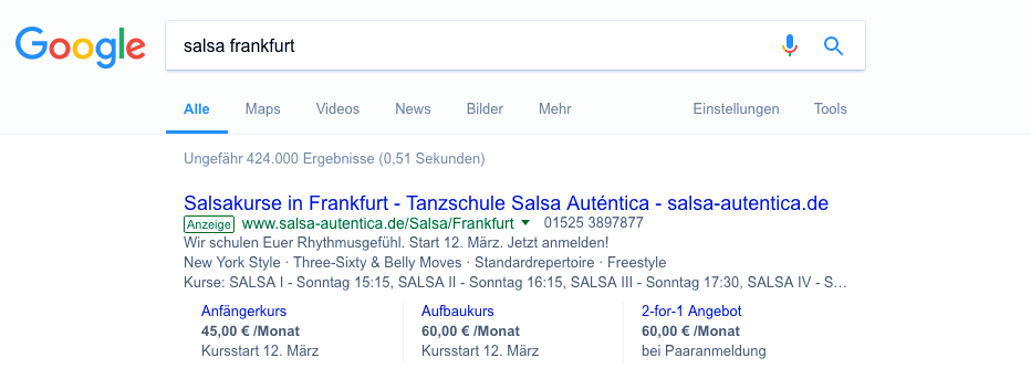 Preiserweiterung in Google AdWords - Salsa in Frankfurt - 2017-04-13